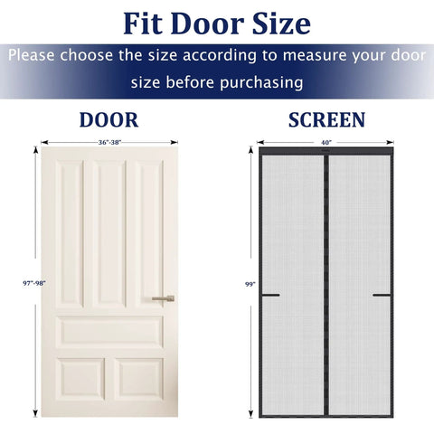 Image showing fit door size for tall magnetic screen door upgrade with 42 strong magnets for 38x98 retractable fiberglass mesh.