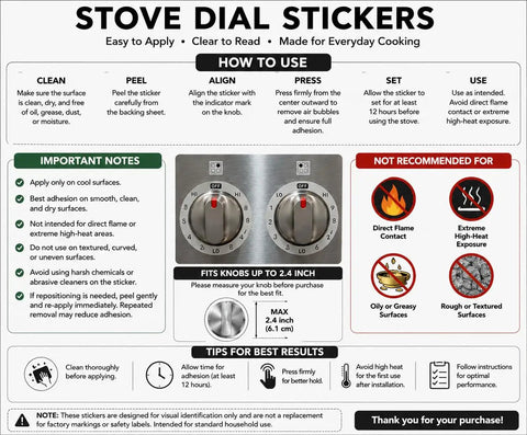 Instructions for Stove Dial Stickers For Oven And Range Knobs Easy Read Knob Symbol Decals Replacement Indicator For Cooktop Up To Two Point Four Inch Three Sheets Silver Background With Black Symbols