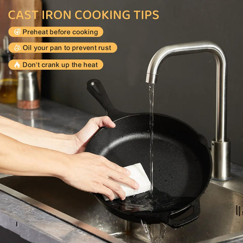 Washing Cast Iron Skillet Set 6 Inch 8 Inch 10 Inch Pre Seasoned Ready To Use Nonstick Naturally Oil Coated at sink.