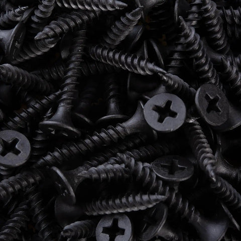 Close-up of Number Eight By Five Eighths Inch Flat Head Phillips Wood Screws in Black Oxide Coated Stainless Steel