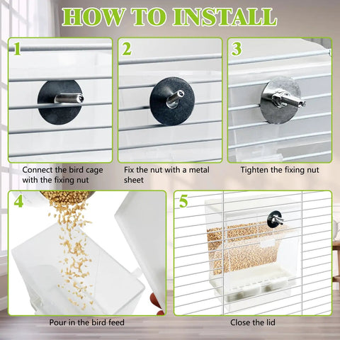 Installation steps for Real Deal Automatic Bird Feeder With Super Slick Waste Catcher And Split Bowl Design For Cockatiel Parrot And Parakeet Cage Accessories Totally Hassle Free Setup Two Pack.