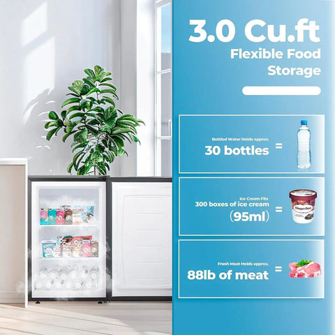 Straight Up Awesome 3.2 Cubic Foot Upright Freezer With Lightning Fast Cooling And Ridiculously Slim Build For Tiny Kitchens And Keeping Your Food Stash Totally Fresh with food storage details.