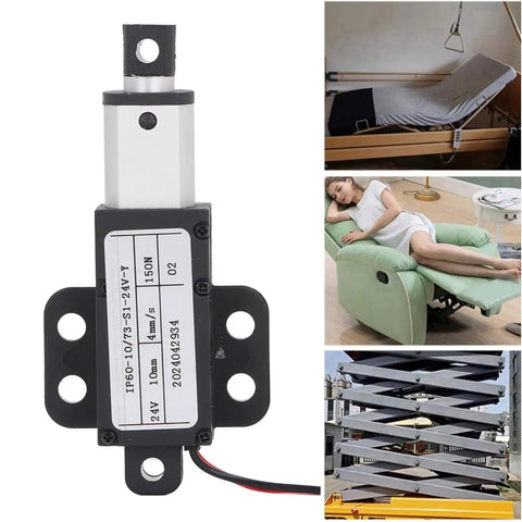 Smooth Operator Telescopic Linear Electric Actuator 24V low noise, compact aluminum design, used in furniture and machinery.