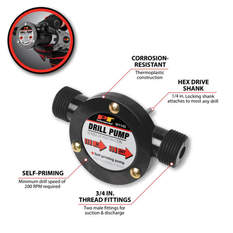 Drill Pump Liquid Transfer Kit for 1200+ RPM Drills with hex drive shank and corrosion-resistant thermoplastic construction.