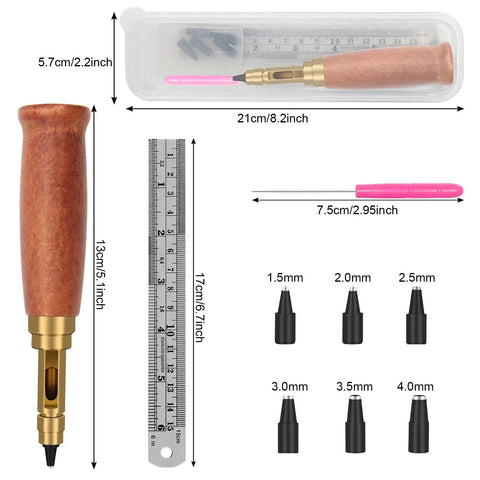 Heavy Duty Brass Leather Hole Punch With A Comfy Wooden Handle Ships Fully Loaded With Six Precision Drill Bits plus Ruler and Needle