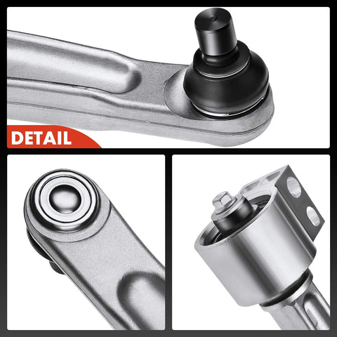 Close-up details of front left lower control arm with ball joint and bushing for Chevy Malibu 2004-2012, Pontiac G6 2005-2010, Saturn Aura 2007-2009.