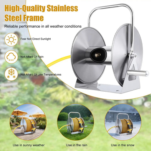 Heavy Duty Wall Mounted Hose Reel With Dual Wheel Smooth Winding And Ergonomic Crank, stainless steel frame, outdoor use