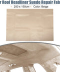 Beige suede headliner fabric with foam backing; flat sheet 98in x 60in and installed car interior headliner view.