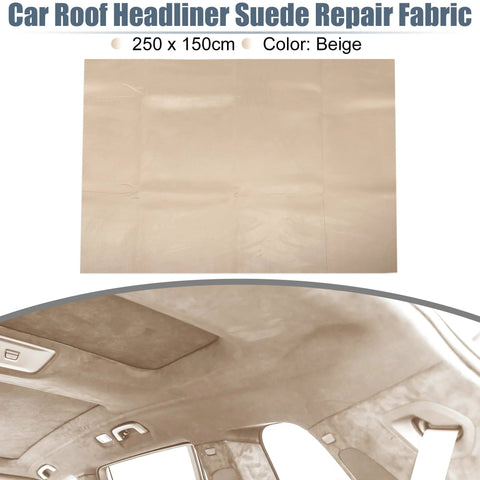 Beige suede headliner fabric with foam backing; flat sheet 98in x 60in and installed car interior headliner view.