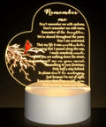 Heart Shaped Memorial Night Light With Clear Crystal Acrylic Base LED Remembrance Sign For Loss Of A Loved One Heartfelt Condolence Gift Red Cardinal Bird Style Keepsake