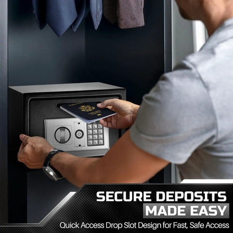 Person using Drop Slot Money Safe Box With Digital Keypad Lock for secure deposit in home office.