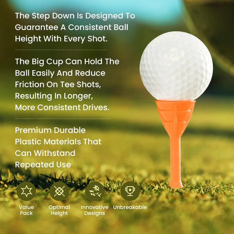 Image of an unbreakable plastic golf tee with a 3.25 inch size, large cup, holding a golf ball on grass, ideal for consistent drives.