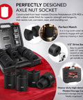 Open Spindle Nut Socket Tool Kit with 5-piece half inch drive set, rugged storage case, and 4-and-6 slot axle hub lock nuts.