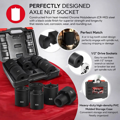 Open Spindle Nut Socket Tool Kit with 5-piece half inch drive set, rugged storage case, and 4-and-6 slot axle hub lock nuts.