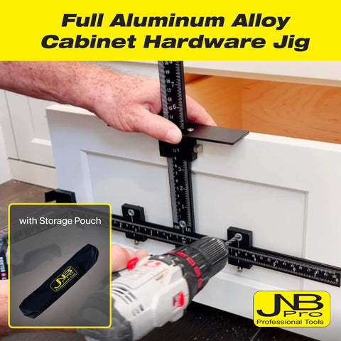 Cabinet Hardware Jig With Center Drill Guide For Drawer Handles And Pulls in use on white cabinet with drill and case shown