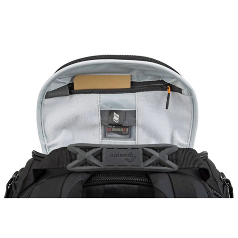 Open top view of ProTactic BP 450 AW 2 25L Modular Camera Backpack With CradleFit Pocket All Weather Cover showing interior pockets.