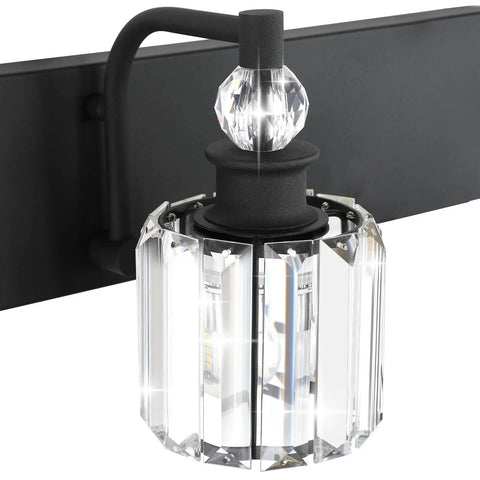 Close-up of crystal shade on Three Light Black Crystal Vanity Lights for Bathroom Over Mirror, sleek matte black fixture.