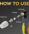 Diagram showing assembly of torch head, shield cups, gas ring, electrode, and tips for 60 Piece Plasma Cutter Torch Consumables Kit With Electrodes, Tips, Nozzles, Cups And Rings For PT31 LG40 And CUT40 CUT50 Pro Grade Replacement Parts For DIY Welders.