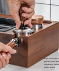 Adjustable Coffee Knock Box With Compact Tamping Station And Detachable Puck Container, 58mm tamper tool in use.