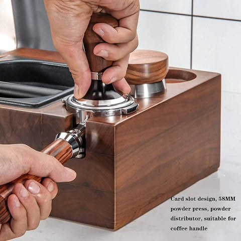 Adjustable Coffee Knock Box With Compact Tamping Station And Detachable Puck Container, 58mm tamper tool in use.