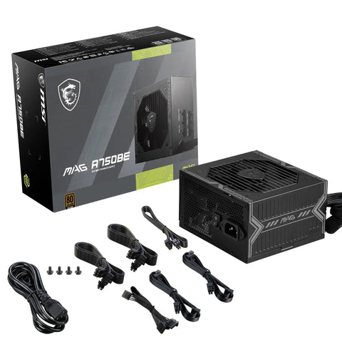 Mag A750BE Dope 750W Semi Modular ATX Power Supply With 80 Plus Bronze Efficiency, unit and box with cables displayed