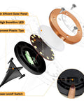 Exploded view of Solar Ground Lights Outdoor Waterproof Disk In Ground Lights 8 Pack showing components and power switch.
