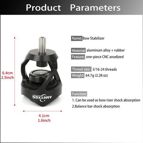 Bow Stabilizer Weight Balance Bar Shock Absorber For Recurve And Compound Bows with aluminum CNC body, 5/16-24 thread, 64.7 g