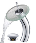 Tall Waterfall Vessel Sink Faucet With Frosted Glass Disk And Pop Up Drain Chrome Finish Next Level Centerpiece For Modern Bathrooms