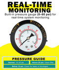 Manual air-relief valve with built-in pressure gauge; round black housing and white dial for pool filter systems