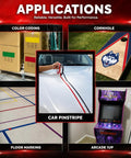 Image showing applications of Top Shelf Yellow Vinyl Marking Tape 4 Inch By 36 Feet Heavy Duty Safety Floor Tape.