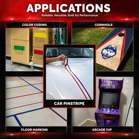 Image showing applications of Top Shelf Yellow Vinyl Marking Tape 4 Inch By 36 Feet Heavy Duty Safety Floor Tape.