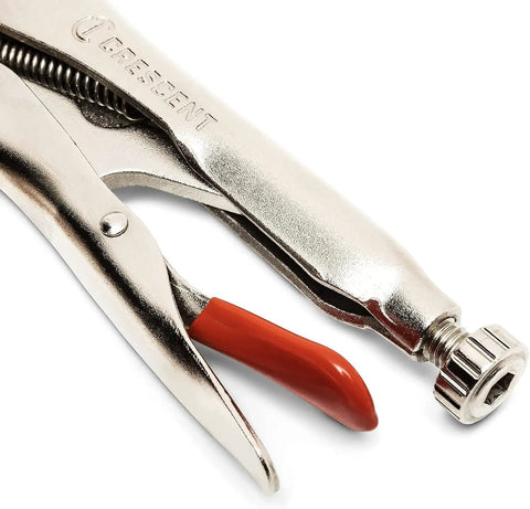 Close-up of a curved jaw locking pliers with wire cutter set for home DIY and pros, heavy duty locking pliers pack in 5 inch, 7 inch and 10 inch, versatile hand tool with a rock solid grip for nuts bolts cables and wires.