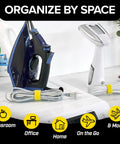 Iron and steamer on laundry surface with cords wrapped by Self-Gripping Cable Ties Set, Multi-Color 40 Pack for organization.