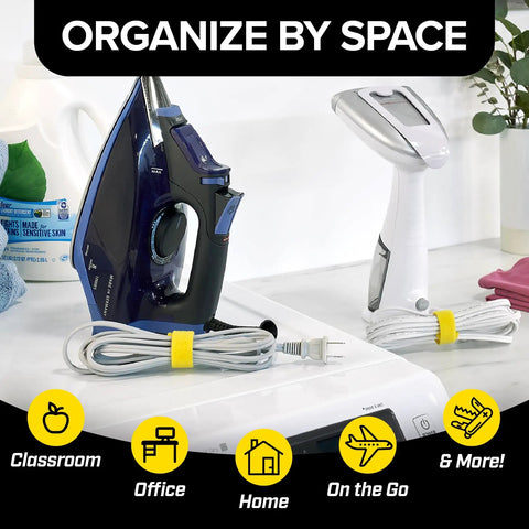 Iron and steamer on laundry surface with cords wrapped by Self-Gripping Cable Ties Set, Multi-Color 40 Pack for organization.