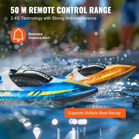 Rad Two Pack Remote Control Boat for Pools and Lakes Night Racing LED RC Boat, blue and orange boats in water