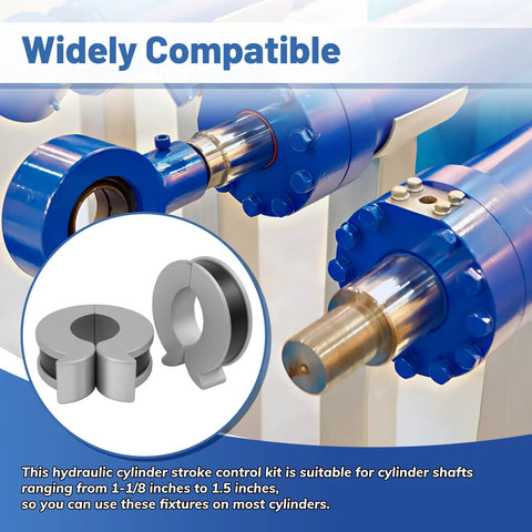 Hydraulic Cylinder Stroke Control Kit With Thumb Tabs, Fits Shaft Sizes 1-1/8 to 1-1/2 Inches, with blue cylinders and fixtures shown