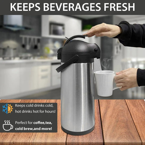Stainless Steel Thermal Carafe Airpot Large Beverage Dispenser with Triple Wall Vacuum Insulation, 5 L with Pump Top