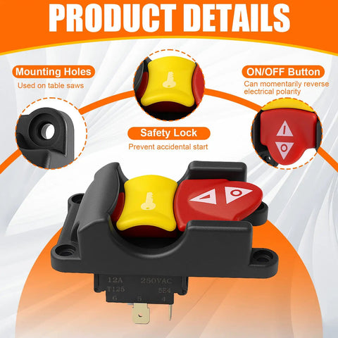 No Sweat Table Saw Paddle Switch Replacement With True Dual Voltage 125V And 250V Support showing safety lock and buttons.