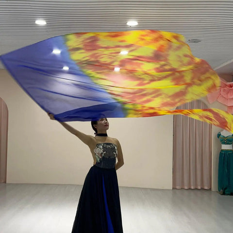 Grab These Awesome Worship Flags For Dance With Soft Chiffon Fabric And Flexible Rods showcasing fluid motion in a dance studio.