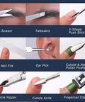 Close-up of 11 piece manicure set for men with stainless steel nail clippers and pedicure tools in blue leather travel case.