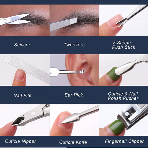 Close-up of 11 piece manicure set for men with stainless steel nail clippers and pedicure tools in blue leather travel case.