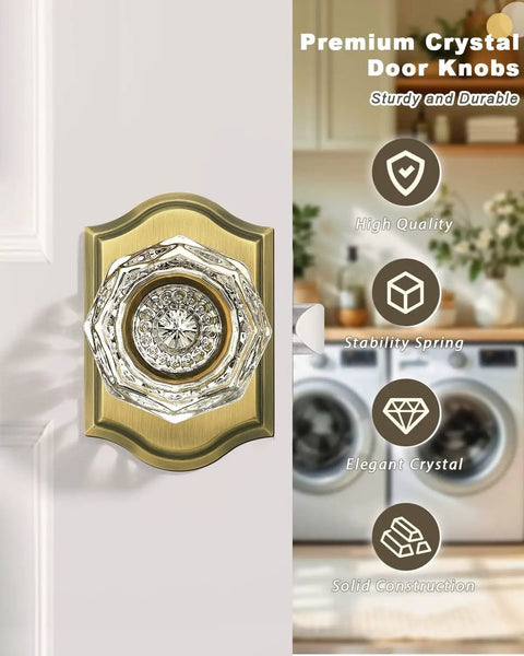 Octagonal Diamond Crystal Doorknob In Antique Brass Finish, Keyless Passage Door Knob Ideal For Hall Closet Pantry Or Laundry Room, Heavy Duty Zinc Rosette Plate, Durable Interior Door Hardware 1 Pack, with crystal details on door