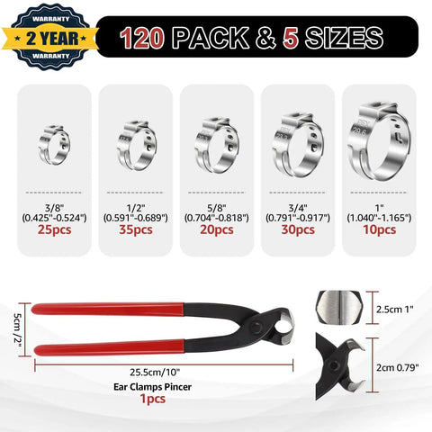 120 Piece PEX Clamps Kit With Pliers Heavy Duty Stainless Steel Cinch Crimp Rings For One Half Inch Three Quarters Inch Three Eighths Inch Five Eighths Inch And One Inch PEX Tubing Fittings All In One Tool Set