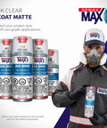 Front view of SprayMax 2K Matte Clear Coat spray cans with a worker in PPE holding a can.