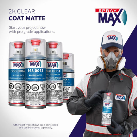 Front view of SprayMax 2K Matte Clear Coat spray cans with a worker in PPE holding a can.