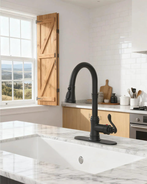 Matte Black Kitchen Sink Faucet With Pull Down Sprayer Three Outlet Modes in farmhouse kitchen, 180-degree swivel.