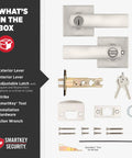 Components of Breton Entry Door Handle With Lock And Key, Reversible Exterior Lever For Front Doors, Satin Nickel Finish