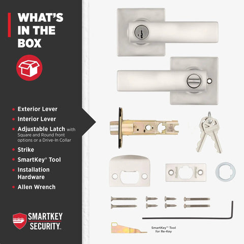 Components of Breton Entry Door Handle With Lock And Key, Reversible Exterior Lever For Front Doors, Satin Nickel Finish