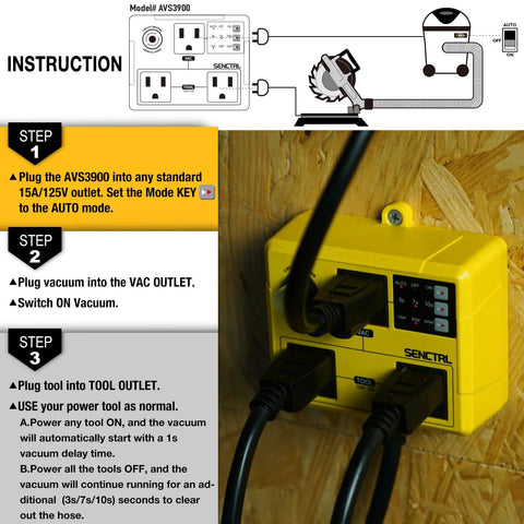 Front view of a yellow SENCTRL AVS3900 automatic vacuum switch with VAC and TOOL outlets mounted on plywood.