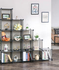Living room with 16 cube storage organizer cubby shelving for kids toys craft supplies art projects, gray finish, assembled.